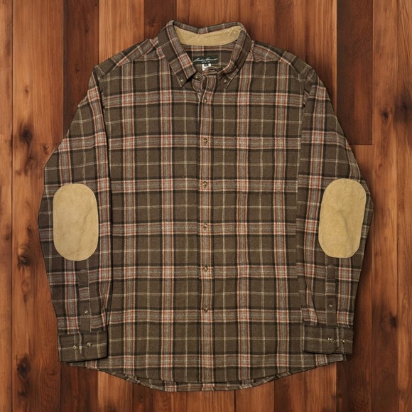 Eddie Bauer Mens XL Plaid Flannel Shirt Brown Button Up Long Sleeve Elbow Patch - Picture 1 of 6